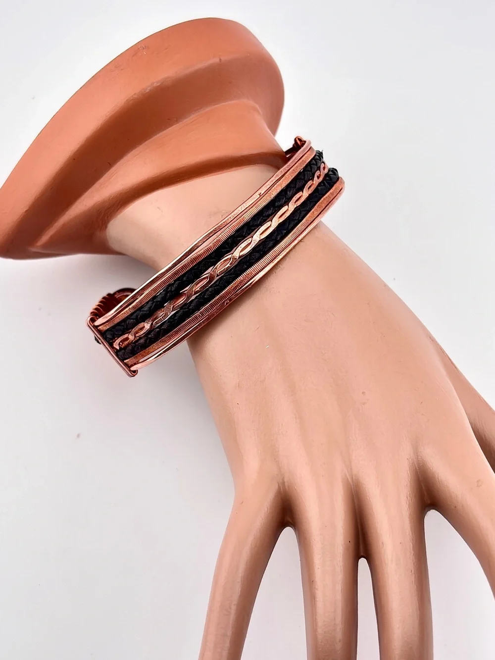 HANDMADE Faux Braided Leather and Copper Wire Wrapped Masculine Cuff Bracelet